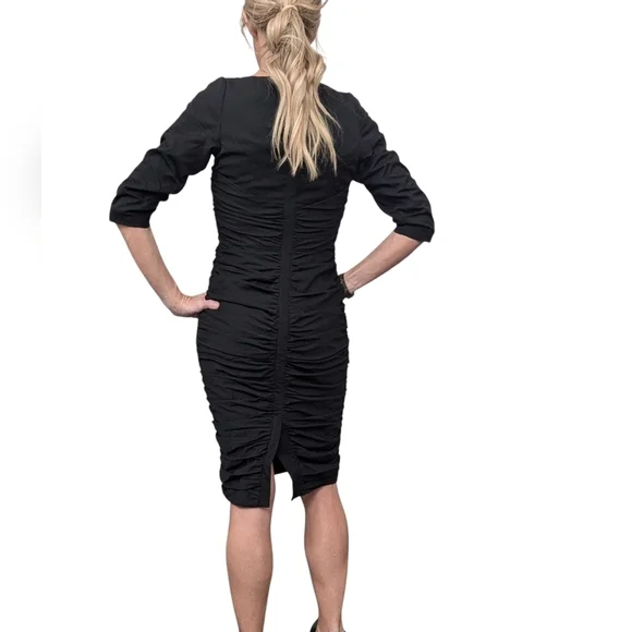 Byron Lars Beauty Mark Black Ruched Bodycon Midi Dress Size 2 Cocktail Party - Picture 4 of 15
